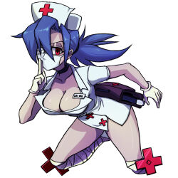  1girl belt_pouch blue_hair bonesaw breasts choker cleavage collarbone eyepatch gloves hair_over_one_eye half-closed_eyes hat kyouhei_hei large_breasts latex latex_gloves leaning_forward leg_wrap mask mouth_mask name_tag nurse_cap ponytail pouch red_eyes saw skullgirls solo surgical_mask valentine_(skullgirls) white_background  rating:Sensitive score:10 user:HomeStruck