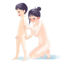 1boy 1girl age_difference ass blue_hair blush breasts brown_eyes collarbone erection full_body handjob happy hetero incest kadan_(ad1999) kneeling navel nude onee-shota open_mouth original penis penis_grab short_hair shota simple_background small_penis teenage_girl_and_younger_boy uncensored white_background rating:Explicit score:313 user:Cashy