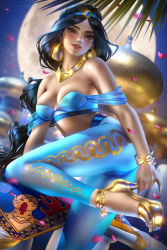  1girl aladdin_(disney) anklet arched_back artist_name ayya_sap balcony black_hair blue_pants blurry blurry_background blush bracelet breasts brown_eyes collarbone cowboy_shot dark-skinned_female dark_skin disney earrings eyelashes eyeliner eyeshadow magic_carpet from_side gem glint gold gold_bracelet gold_earrings gold_footwear gold_nails gold_necklace high_heels highres jasmine_(disney) jewelry leg_up lips lipstick long_hair looking_at_viewer magic_carpet makeup medium_breasts midriff moon multi-tied_hair nail_polish nails necklace night no_bra nose outdoors pants parted_bangs parted_lips patterned_legwear petals platform_footwear platform_heels princess smile solo standing tassel thick_thighs thighs tiara toenail_polish toenails toes twisted_torso very_long_hair  rating:Questionable score:50 user:thatone3