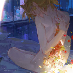  1boy a-shacho blonde_hair chinese_commentary city closed_eyes commentary_request completely_nude crossed_legs dated flower from_behind full_body futon guro hand_on_back hand_on_own_shoulder head_tilt highres kagamine_len leaf male_focus night nude on_bed pillow red_flower short_hair shorts shoulder_blades signature sitting solo tile_floor tiles vocaloid window 