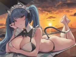  1girl absurdres angry animal_ears ass bare_legs barefoot beach beach_umbrella bikini blue_hair blush breasts brown_eyes cat_ears cat_tail cleavage clenched_teeth cloud commission evening feet feet_up gloomyowl goddess_of_victory:_nikke hair_ribbon highres large_breasts looking_at_viewer lying maid maid_bikini maid_headdress mountainous_horizon ocean on_stomach orange_sky outdoors paw_hair_ornament pixiv_commission privaty_(nikke) privaty_(unkind_maid)_(nikke) ribbon sky solo sunset swimsuit tail teeth the_pose toes twintails umbrella unconventional_maid v-shaped_eyebrows  rating:Sensitive score:46 user:danbooru