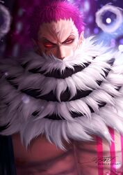 1boy abs absurdres artist_name charlotte_katakuri chest_tattoo commentary covered_mouth danivart english_commentary fur_scarf highres injury instagram_username looking_at_viewer male_focus one_piece pink_eyes pink_hair scarf short_hair signature solo tattoo 