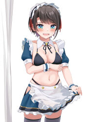 1girl absurdres alternate_costume apron aqua_eyes arm_under_breasts bikini black_bikini blue_skirt blue_sleeves blush breasts brown_hair cleavage cowboy_shot curtains detached_collar detached_sleeves enmaided frilled_skirt frilled_sleeves frills grey_thighhighs highleg highleg_bikini highres hip_vent holding holding_clothes holding_skirt hololive knees_out_of_frame maid maid_apron maid_headdress medium_breasts miniskirt navel neck_ribbon oozora_subaru open_mouth puffy_short_sleeves puffy_sleeves ribbon short_hair short_sleeves simple_background skirt solo standing stomach straight-on swept_bangs swimsuit thighhighs tihirowo virtual_youtuber wavy_mouth white_background wrist_cuffs zettai_ryouiki