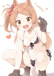 1girl :d animal_ears animal_hands bare_shoulders bikini black_bikini blush brown_eyes brown_footwear brown_gloves brown_hair cameltoe cleft_of_venus commentary_request fang front-tie_bikini_top front-tie_top fur-trimmed_gloves fur_trim gloves hand_up highres idolmaster idolmaster_million_live! kemonomimi_mode long_hair makuran nipples ogami_tamaki one_breast_out one_side_up open_mouth paw_gloves paw_shoes side-tie_bikini_bottom simple_background smile solo squatting swept_bangs swimsuit tail tiptoes v-shaped_eyebrows very_long_hair white_background 