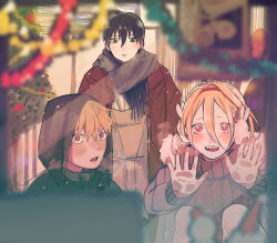  +_+ 1girl 2boys against_glass black_hair black_hoodie blonde_hair blurry blurry_foreground blush brown_coat chainsaw_man christmas coat cold commentary_request denji_(chainsaw_man) depth_of_field earmuffs fur-trimmed_hood fur_trim grey_scarf grey_sweater gurukousu hair_between_eyes hair_ornament hairclip highres hood hooded_jacket hoodie horns huffing jacket long_hair looking_at_viewer multiple_boys open_mouth power_(chainsaw_man) rabbit_earmuffs red_horns scarf sharp_teeth short_hair smile sparkling_eyes sweater teeth window winter_clothes 