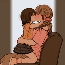  2girls age_difference black_skirt blush brown_eyes brown_hair brown_skirt closed_eyes commentary_request ear_blush female_focus from_side full-face_blush hair_ornament hair_scrunchie hands_on_another&#039;s_back hug incest kiss lap light_brown_hair loli long_hair mother_and_daughter multiple_girls on_lap onee-loli orange_shirt original pink_shirt profile rustle scrunchie shirt short_hair short_sleeves sitting sitting_on_lap sitting_on_person skirt straddling trembling upright_straddle yuri  rating:Questionable score:2086 user:danbooru