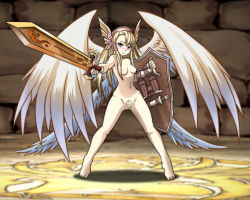  1girl barefoot blonde_hair blue_eyes blush breasts dagger female_pubic_hair hair_ribbon hairband head_wings knife long_hair minerva_(p&amp;d) mochi_mame multiple_wings nipples nude parted_lips pubic_hair puzzle_&amp;_dragons ribbon shield solo spread_legs sword tiptoes uncensored weapon wings  rating:Questionable score:41 user:danbooru