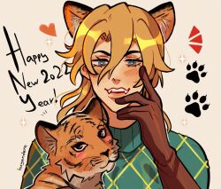  1boy 2022 animal_ears artist_name blush_stickers brown_gloves chinese_zodiac commentary diego_brando english_commentary fangs gloves green_sweater happy_new_year highres huyandere jojo_no_kimyou_na_bouken kemonomimi_mode male_focus new_year paw_print signature solo steel_ball_run sweater tiger tiger_ears turtleneck turtleneck_sweater upper_body year_of_the_tiger 