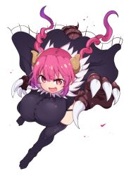  1girl 2021 black_thighhighs breasts cool-kyou_shinja coolkyousinnjya dragon_girl dragon_horns highres horns huge_breasts ilulu_(maidragon) long_hair looking_at_viewer open_mouth pink_eyes pink_hair solo thighhighs white_background 