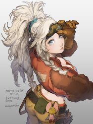  1girl blonde_hair blue_eyes braid breasts character_name cleavage cropped_jacket gemma_(monster_hunter_wilds) gloves goggles goggles_on_head hair_ornament hair_scrunchie highres jacket leather leather_jacket lips long_hair messy_hair monster_hunter_(series) monster_hunter_wilds open_clothes open_jacket panties pants panty_peek red_panties scrunchie shishamo_(shisyamo) side_braid twitter_username underwear 