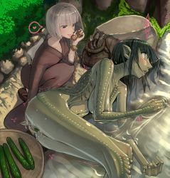  2girls ^^^ anal anal_beads anal_object_insertion bad_id bad_pixiv_id basket blue_eyes blush breasts brown_eyes colored_skin cucumber fish food food_insertion green_hair green_skin grey_hair heart interspecies jajala japanese_clothes kappa kimono licking lying medium_breasts monster_girl multiple_girls object_insertion on_side open_mouth original pointy_ears river saliva sex_toy shell spoken_heart tears tongue tongue_out trembling turtle_shell vaginal vaginal_object_insertion water webbed_hands wide-eyed yuri  rating:Explicit score:185 user:dmysta3000