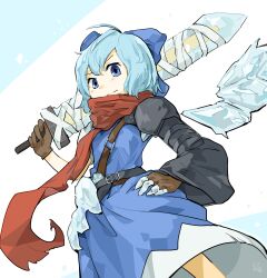  1girl advent_cirno ahoge blue_bow blue_dress blue_eyes blue_hair bow brown_gloves cirno closed_mouth commentary_request dress gloves hair_bow hand_on_own_hip highres holding holding_sword holding_weapon looking_at_viewer red_scarf scarf short_hair solo sword touhou weapon white_background yanotsuki18 