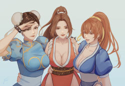  3girls bracelet breasts brown_eyes brown_hair bun_cover capcom chun-li cleavage crossover dead_or_alive double_bun fatal_fury female_focus hair_bun hair_ribbon high_ponytail highres jewelry kasumi_(doa) large_breasts long_hair matching_hair/eyes multiple_girls ninja pelvic_curtain ponytail ribbon shiranui_mai short_sleeves sleeveless smile snk spiked_bracelet spikes street_fighter tecmo the_king_of_fighters yellow_ribbon yidelia  rating:Sensitive score:32 user:zombiespacial