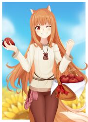  1girl ;d absurdres animal_ear_fluff animal_ears apple basket blue_sky blunt_bangs blurry blurry_background blush border bright_pupils brown_hair brown_pants commentary cowboy_shot day fangs felixkohai field fingernails floating_hair flower flower_field food fruit grin hands_up happy highres holding holding_basket holding_food holding_fruit holo jewelry long_hair long_sleeves looking_at_viewer necklace one_eye_closed open_mouth outdoors pants red_apple red_eyes red_ribbon ribbon sharp_fingernails shirt sidelocks signature sky smile solo spice_and_wolf straight_hair sunflower sunflower_field tail very_long_hair w_arms white_border white_shirt wide_sleeves wolf_ears wolf_girl wolf_tail 