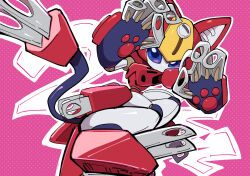 1girl animal_ears animal_hands blue_eyes breasts cat_ears cat_paws claws electric_plug_tail helmet highres humanoid_robot medarot medium_breasts no_mouth oversized_forearms oversized_limbs peppercat pink_background robot robot_girl solo user_mepz3838