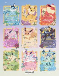  :d blush brown_eyes card character_name closed_mouth commentary creatures_(company) crystal eevee english_commentary espeon fire flareon flower game_freak gen_1_pokemon gen_2_pokemon gen_4_pokemon gen_6_pokemon glaceon highres jolteon leafeon lily_pad miyaulait nintendo no_humans open_mouth pokemon pokemon_(creature) pokemon_card pokemon_tcg purple_eyes red_eyes smile sylveon umbreon vaporeon water  rating:General score:1 user:danbooru