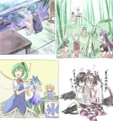 6+girls ^_^ animal_ears bamboo bamboo_forest bamboo_forest_of_the_lost bespectacled black_hair black_legwear black_skirt blonde_hair blue_dress blue_eyes blue_hair brown_hair checkered_clothes checkered_skirt chopsticks cirno closed_eyes daiyousei dress eating food forest glasses hair_ribbon happy hat heart himekaidou_hatate holding holding_paper inaba_mob_(touhou) inaba_tewi kawashiro_nitori legs_together light_purple_hair long_hair multiple_girls musical_note nagashi_soumen nature no_headwear noodles one-piece_swimsuit open_mouth outdoors paper pink_hair pink_legwear pink_skirt rabbit_ears rabbit_tail red_eyes reisen_udongein_inaba ribbon shameimaru_aya shaved_ice short_hair side_ponytail sitting skirt smile soaking_feet soumen striped_clothes striped_legwear striped_thighhighs sunny_milk swimsuit table tail tatami thighhighs touhou translation_request twintails two-tone_legwear two-tone_skirt two_side_up wariza wings yohane yokozuwari zettai_ryouiki
