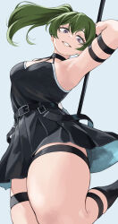  1girl absurdres arm_strap arm_up armpits black_choker black_dress choker commentary cowboy_shot dress fengling_(furin-jp) green_hair grin highres holding holding_polearm holding_weapon looking_at_viewer o-ring o-ring_choker pleated_dress polearm purple_eyes sanpaku side_ponytail simple_background smile solo sousou_no_frieren spear standing standing_on_one_leg thigh_strap thighs ubel_(sousou_no_frieren) weapon white_background 