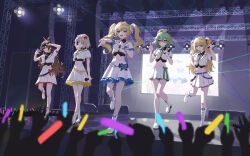  5girls absurdres amber_(genshin_impact) barbara_(genshin_impact) blonde_hair boots brown_hair cross-laced_footwear dress eyepatch fischl_(genshin_impact) genshin_impact glasses glowstick green_hair grey_hair highres idol indoors llami_0 long_hair microphone multiple_girls noelle_(genshin_impact) open_mouth outstretched_arm pleated_skirt short_hair short_sleeves skirt smile stage stage_lights sucrose_(genshin_impact) twintails v white_footwear white_skirt 