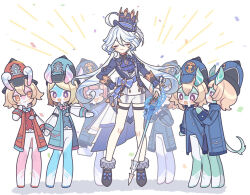  &gt;_&lt; 6+girls :d :o animal_ears aqua_hat ascot black_footwear blonde_hair blue_ascot blue_bow blue_bowtie blue_hat blue_jacket bow bowtie closed_eyes closed_mouth cowlick facing_viewer frilled_sleeves frills full_body furina_(genshin_impact) genshin_impact gloves hand_on_own_hip hat hat_ribbon jacket long_hair long_sleeves looking_at_viewer melusine_(genshin_impact) multiple_girls open_mouth orange_eyes pink_bow pink_bowtie purple_eyes red_hat red_jacket ribbon shoes shorts smile splendor_of_tranquil_waters_(genshin_impact) tail top_hat very_long_hair waa_(wawawaa1005) waistcoat white_gloves white_hair white_shorts  rating:General score:1 user:danbooru