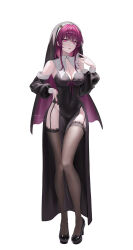  1girl absurdres alternate_costume black_dress black_footwear black_garter_belt black_garter_straps black_thighhighs black_veil breasts butterfly-shaped_pupils cleavage commentary_request covered_navel detached_sleeves dress duplicate garter_belt garter_straps hand_on_own_hip high_heels highres honkai:_star_rail honkai_(series) kafka_(honkai:_star_rail) large_breasts long_sleeves looking_at_viewer nun pelvic_curtain pixel-perfect_duplicate puffy_long_sleeves puffy_sleeves red_eyes red_hair sicle simple_background solo standing strapless strapless_dress symbol-shaped_pupils thighhighs veil white_background 
