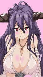 1girl bare_shoulders breasts cleavage commentary_request danua draph dress granblue_fantasy hair_between_eyes highres horns jewelry large_breasts looking_at_viewer mitarashi_o necklace pointy_ears red_eyes upper_body white_dress rating:Questionable score:34 user:danbooru