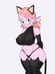  1girl :&gt; alternate_breast_size animal_ears ass bare_shoulders black_eyes black_panties breasts cat_ears cat_lingerie cat_tail chronoa colored_skin curvy dragon_ball dragon_ball_heroes dragon_ball_xenoverse earrings elbow_gloves eyebrows fake_animal_ears fake_tail female_focus gloves jewelry kappa_spark large_breasts looking_at_viewer meme_attire navel panties pink_skin pointy_ears potara_earrings short_hair simple_background smile solo standing tail thick_thighs thighs thong underwear wide_hips  rating:Sensitive score:66 user:fakyuh