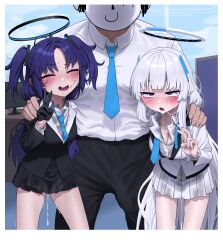  1boy 2girls ^_^ absurdres aftersex aqua_necktie bent_v black_gloves black_pants blazer blue_archive blush breasts bulge closed_eyes cum cum_in_mouth cumdrip doodle_sensei_(blue_archive) erection erection_under_clothes gloves grey_hair halo hands_on_another&#039;s_shoulders highres indoors jacket large_penis looking_at_viewer male_pubic_hair medium_breasts multiple_girls necktie noa_(blue_archive) okokorika open_collar pants penis penis_under_clothing pleated_skirt pubic_hair purple_hair sensei_(blue_archive) shirt skirt v white_shirt yuuka_(blue_archive)  rating:Explicit score:107 user:danbooru