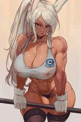  1girl abs absurdres alterlesott animal_ears black_thighhighs boku_no_hero_academia breasts capsule_corp carrot_earrings covered_erect_nipples dark-skinned_female dark_skin dragon_ball earrings food-themed_earrings food_themed_earrings gloves highres jewelry large_breasts long_hair looking_at_viewer mirko muscular muscular_female navel open_mouth ponytail rabbit_ears rabbit_girl red_eyes smile solo teeth thighhighs white_gloves  rating:Questionable score:51 user:danbooru