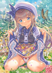  1girl basket blouse blue_bow blue_bowtie blue_skirt blurry blurry_background blurry_foreground blush bow bowtie bug bush butterfly cameltoe clothes_lift day dress dress_lift female_focus flower flower_basket frills grass grey_hair hat hat_bow head_tilt highres insect kink_(tortoiseshell) lifting_own_clothes loli long_hair looking_at_viewer nature outdoors panties petals shirt sitting skirt smile solo underwear wariza  rating:Questionable score:66 user:Tokiori