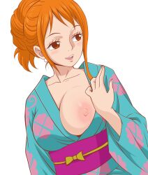  1girl blush breasts earrings flashing highres japanese_clothes jewelry kimono lips nami_(one_piece) nipples one_breast_out one_piece orange_hair simple_background solo white_background xenodoujin 