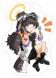  1girl animal_ears black_footwear black_shorts blue_archive blush book boots brand_name_imitation brown_hair chibi coat dog_ears dog_girl dog_tail fishnet_pantyhose fishnets fork full_body goggles goggles_on_head hair_bobbles hair_ornament halo hariyaa hibiki_(blue_archive) highres holding holding_book long_hair long_sleeves looking_at_viewer looking_back low_twintails notice_lines open_mouth pantyhose purple_eyes shorts smile solo tabasco tail twintails white_background white_coat 