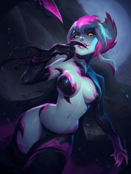  1girl blue_skin breasts colored_skin darkness evelynn_(league_of_legends) highres league_of_legends licking looking_at_viewer monster_girl navel solo white_hair yellow_eyes  rating:Questionable score:20 user:MrMan89