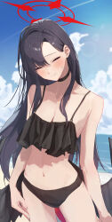  1girl absurdres alternate_costume beach bikini black_bikini black_choker black_hair black_wings blue_archive blue_sky blush breasts choker cleavage closed_eyes cloud commentary feathered_wings frilled_bikini_top hair_behind_ear halo highres ichika_(blue_archive) lens_flare long_hair low_wings matcha_(matttttya1) medium_breasts navel outdoors red_halo sky smile solo stomach sweatdrop swimsuit wings  rating:Sensitive score:13 user:danbooru