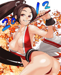 10s 1girl 2012 ass bad_id bad_pixiv_id breasts brown_eyes brown_hair cleavage folded_fan hand_fan fatal_fury folding_fan grin large_breasts ponytail shiranui_mai smile snk solo takoyaki_neko-san the_king_of_fighters twisted_torso rating:Questionable score:30 user:danbooru