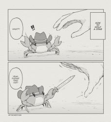  ! !! 1other animal_focus at_knifepoint cowboy_hat crab english_text greyscale hat monochrome original profanity speech_bubble switchblade twitter_username tyrone  rating:General score:44 user:danbooru