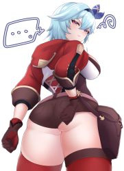  ... 1girl absurdres amber_(genshin_impact) amber_(genshin_impact)_(cosplay) ass ass_focus blue_hair breasts brown_gloves brown_shorts clenched_hand cosplay eula_(genshin_impact) from_behind genshin_impact gloves highres hood hoodie kirima_(user_danf8787) large_breasts looking_at_viewer looking_back looking_down pouch red_hoodie red_thighhighs short_hair short_shorts shorts skindentation solo speech_bubble spoken_ellipsis thighhighs thighs white_background  rating:Sensitive score:38 user:danbooru