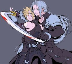  2boys aqua_eyes bangle black_coat black_gloves black_shirt blonde_hair blood blood_on_face bloody_weapon bracelet cloud_strife coat cosplay final_fantasy final_fantasy_vii final_fantasy_vii_ever_crisis fingerless_gloves gloves grey_background grey_hair hair_between_eyes hand_on_another&#039;s_stomach highres holding holding_sword holding_weapon ippus jewelry katana long_coat long_hair long_sleeves male_focus multiple_boys parted_bangs parted_lips sephiroth sephiroth_(cosplay) sephiroth_(edged_wings) shirt short_hair sleeveless sleeveless_turtleneck spiked_hair sword turtleneck weapon yaoi 