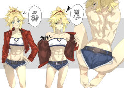  abs absurdres annoyed argent_moon bare_shoulders barefoot belt blonde_hair denim denim_shorts english_text fate_(series) flat_chest green_eyes hand_on_own_hip highres jacket looking_back mordred_(fate) muscular muscular_female open_clothes open_jacket short_shorts shorts spiked_hair tank_top toned undressing  rating:Sensitive score:35 user:danbooru