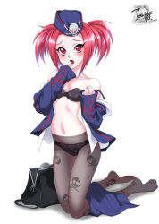  1girl bag black_pantyhose blush fang feet guraedo-chungchoon hat loli no_shoes pantyhose red_eyes red_hair skull_and_crossbones solo tour_guide_from_the_underworld twintails underwear undressing white_background yu-gi-oh!  rating:Questionable score:41 user:Pancreas