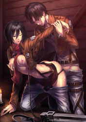  1boy 1girl bad_id bad_pixiv_id belt black_eyes black_hair grabbing_another&#039;s_breast breasts candle clothed_sex cum cum_on_body cum_on_breasts cum_on_upper_body doggystyle drooling eren_yeager facial from_behind grabbing hetero jacket male_pubic_hair medium_breasts mikasa_ackerman nipples open_mouth panties pubic_hair scarf sex sex_from_behind shingeki_no_kyojin short_hair sweat tani_(aki2672) thigh_strap three-dimensional_maneuver_gear underwear  rating:Explicit score:224 user:danbooru