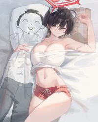 1girl ;o absurdres animal_ears armpits bed_sheet black_hair blue_archive blush breasts camisole cleavage collarbone commentary dakimakura_(object) dolphin_shorts doodle_sensei_(blue_archive) extra_ears groin halo highres huge_breasts hugging_object looking_at_viewer lying navel on_back one_eye_closed pillow pillow_hug raccoon_ears rang_go red_shorts sensei_(blue_archive) short_hair short_shorts shorts solo thighhighs tsubaki_(blue_archive) white_camisole rating:Sensitive score:38 user:danbooru