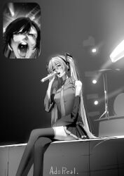  ado_(utaite) adochansukisuki breasts chando_(ado) cloud_nine_inc commentary crossed_legs detached_sleeves fan_screaming_at_madison_beer_(meme) greyscale hashtag-only_commentary hatsune_miku highres holding holding_microphone long_hair long_sleeves medium_breasts meme microphone mole mole_under_eye monochrome open_mouth pleated_skirt screaming shirt sitting skirt sleeveless sleeveless_shirt stage teeth thighhighs twintails upper_teeth_only utaite very_long_hair vocaloid 