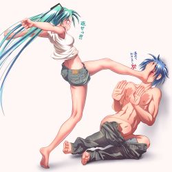 &gt;_&lt; 1boy 1girl abs angry aqua_hair aqua_nails armpit_peek ass barefoot blue_hair blush breasts clenched_hands clenched_teeth closed_eyes clothes_pull denim denim_shorts feet femdom fingernails foot_on_another&#039;s_face foot_on_head full_body hair_ornament hands_up hatsune_miku highres jeans kaito_(vocaloid) kicking kneepits long_hair midriff nail_polish o_o open_mouth outstretched_arms pants pants_pull profile revenge shirt short_hair shorts simple_background sleeveless sleeveless_shirt small_breasts soles standing standing_on_one_leg stepped_on teeth toenail_polish toenails toes topless_male twintails very_long_hair vocaloid wokada rating:Sensitive score:127 user:danbooru