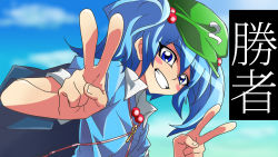  1girl backpack bag blue_eyes blue_hair blush_stickers double_v female_focus grin hat highres kawashiro_nitori key matching_hair/eyes rui_(hershe) sleeves_rolled_up smile solo touhou twintails two_side_up v yu-gi-oh! yu-gi-oh!_zexal yuu-gi-ou yuu-gi-ou_zexal 