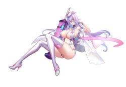  1girl boots breasts cross_ornament eyepatch fingerless_gloves full_body gloves high_heel_boots high_heels highres holding holding_syringe huge_breasts large_syringe long_hair looking_at_viewer medical_eyepatch mixed-language_commentary oversized_object purple_hair q_azieru revealing_clothes simple_background sitting solo star_lusts syringe thigh_boots transparent_background very_long_hair white_footwear white_gloves white_headwear 