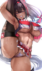  1girl absurdres arm_up armpits bay_(nikke) black_eyes black_hair black_thighhighs breasts cameltoe cheerleader crop_top dark-skinned_female dark_skin goddess_of_victory:_nikke hair_intakes highres holding holding_pom_poms karma3009 large_breasts long_hair looking_at_viewer microskirt mole mole_on_stomach mole_under_mouth multicolored_hair navel panties parted_lips pom_pom_(cheerleading) pom_poms ponytail red_skirt red_streaks skirt smile solo split standing standing_on_one_leg standing_split star_sticker sticker_on_face streaked_hair sweat tan tanline thighhighs torn_clothes torn_thighhighs two-tone_tank_top underboob underwear white_background white_panties 