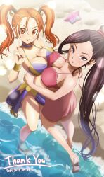  2girls bad_source beach bikini breast_press breasts cleavage commission dragon_quest dragon_quest_viii dragon_quest_xi full_body highres hug jessica_albert large_breasts looking_at_viewer martina_(dq11) medium_breasts multiple_girls official_alternate_costume ponytail sandals silken_tofu skeb_commission starfish swimsuit twintails  rating:Sensitive score:41 user:danbooru