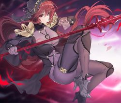 armor breasts damda fate/grand_order fate_(series) gae_bolg_(fate) high_heels large_breasts long_hair pauldrons polearm red_eyes red_hair scathach_(fate) scathach_(fate) shoulder_armor spear thighs veil weapon  rating:Sensitive score:14 user:LoneGunMan