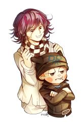  2boys annoyed arm_belt beanie belt belt_buckle black_belt black_eyes black_hat black_jacket black_scarf black_shirt black_sleeves blush_stickers buckle checkered_clothes checkered_scarf cigarette collared_jacket commentary commentary_request cropped_legs crossed_arms danganronpa_(series) danganronpa_v3:_killing_harmony english_commentary frown grin hair_between_eyes half-closed_eyes hands_on_another&#039;s_head hat height_difference highres horned_hat hoshi_ryoma jacket leather leather_jacket loiodg long_sleeves looking_at_another looking_down mouth_hold multiple_boys oma_kokichi orange_hair pants parted_lips purple_hair scarf shirt short_hair signature simple_background smile striped_clothes striped_shirt sweatdrop torn_clothes torn_jacket two-tone_scarf white_background white_belt white_jacket white_pants white_scarf white_sleeves 